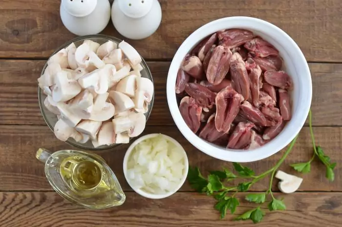 Ingredients for Sauteed Chicken Hearts with Mushrooms