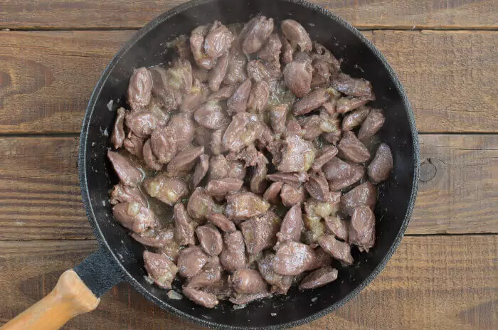 Step 2 - Sauteed Chicken Hearts with Mushrooms