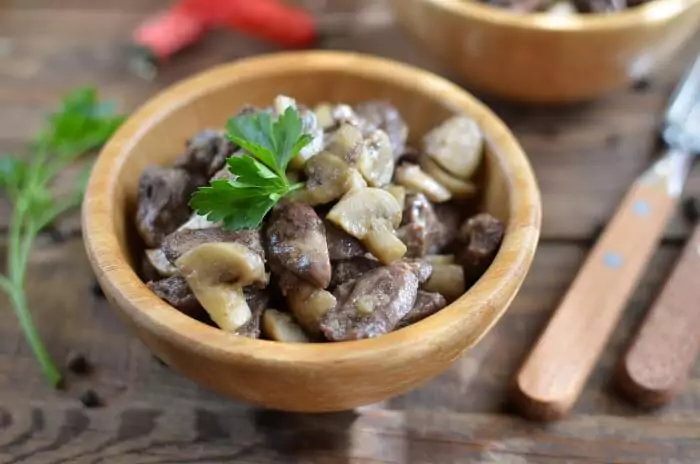 Step 4 - Sauteed Chicken Hearts with Mushrooms