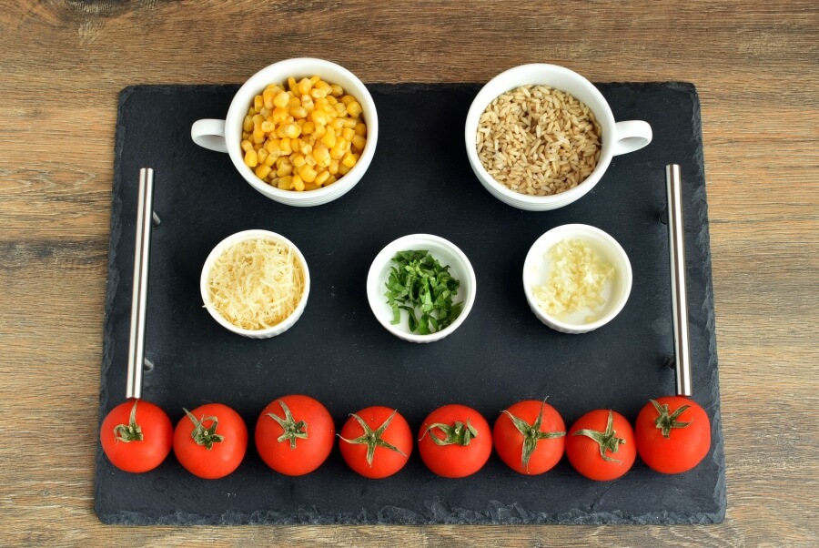 Ingridiens for Roasted Corn and Basil Stuffed Tomatoes