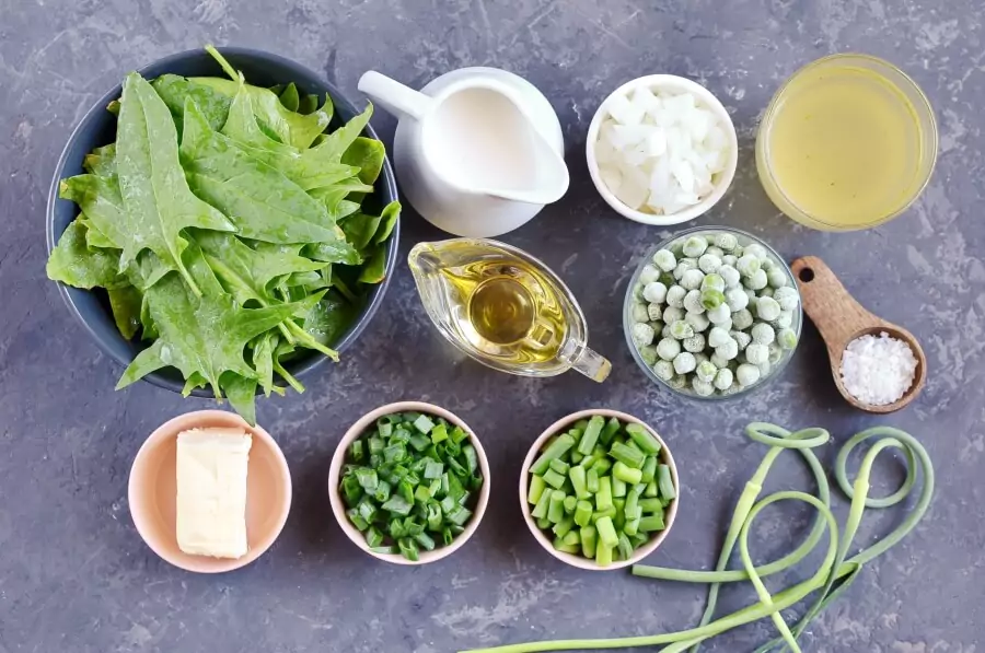 Ingredients for Vegetarian Spinach, Pea and Garlic Scape Soup