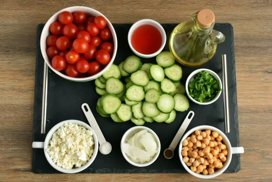 Ingredients for Healthy Tomato, Cucumber and Feta Salad