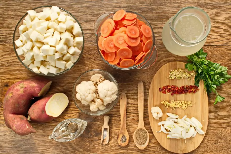 Ingredients for Vegan Spicy Carrot and Sweet Potato Soup