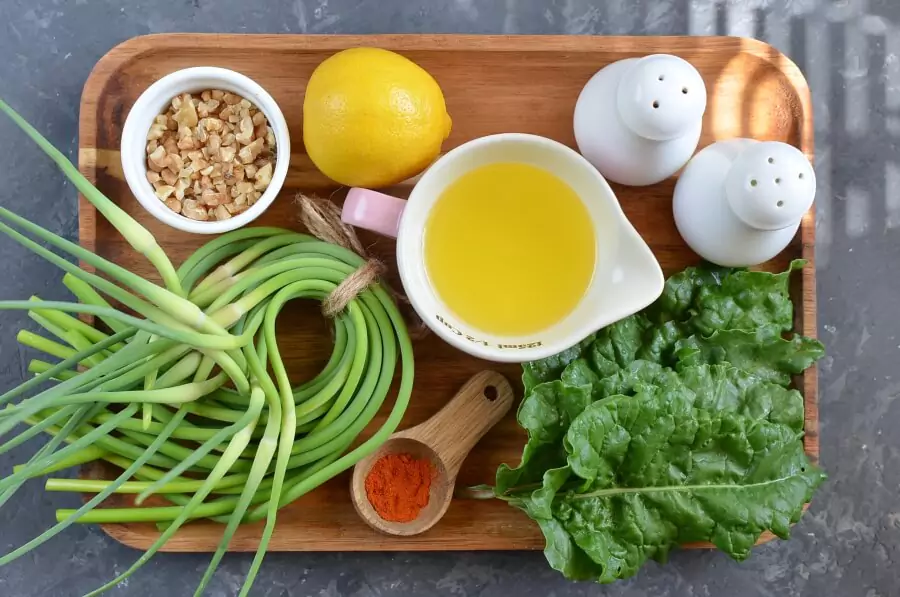 Ingredients for Vegan Garlic Scape and Swiss Chard Pesto