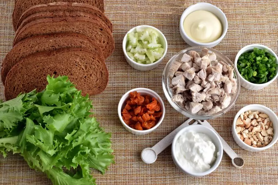 Ingredients for Cashew Apricots Turkey Salad Sandwiches