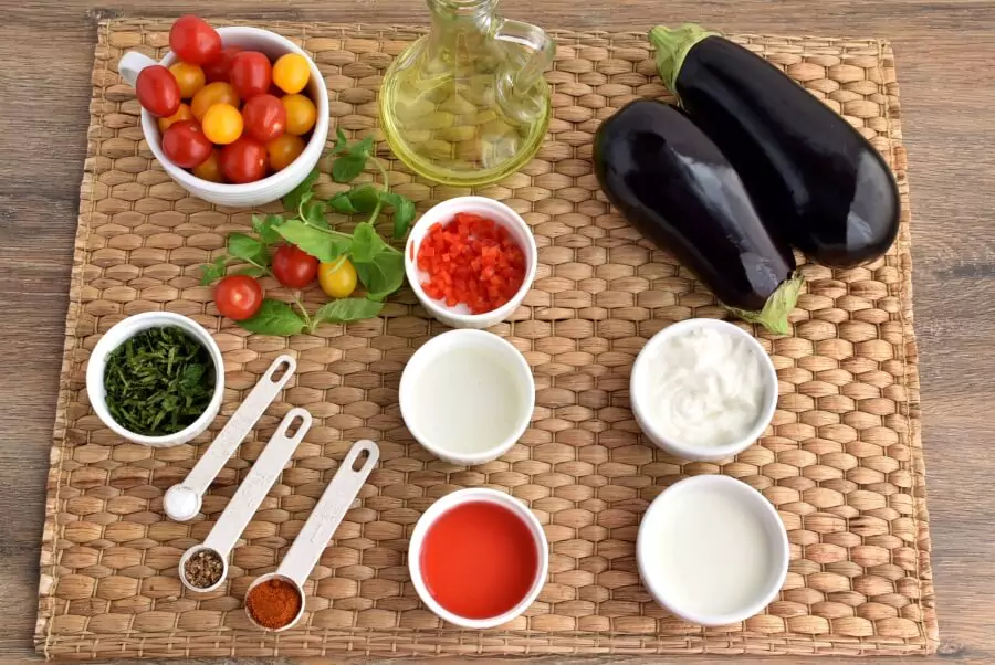 Ingredients for Cayenne Grilled Eggplant with Fresh Tomato Salad
