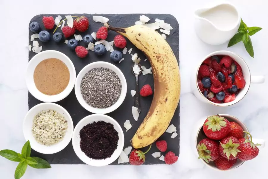 Ingredients for Chia, Acai and Strawberry Layered Breakfast Jar