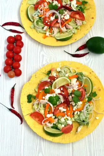 Chicken Tostadas with Avocado Sauce