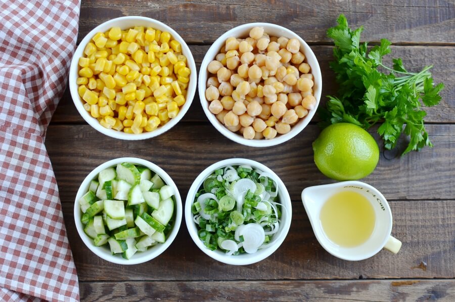 Ingridiens for Fresh Vegan Corn and Chickpea Salad