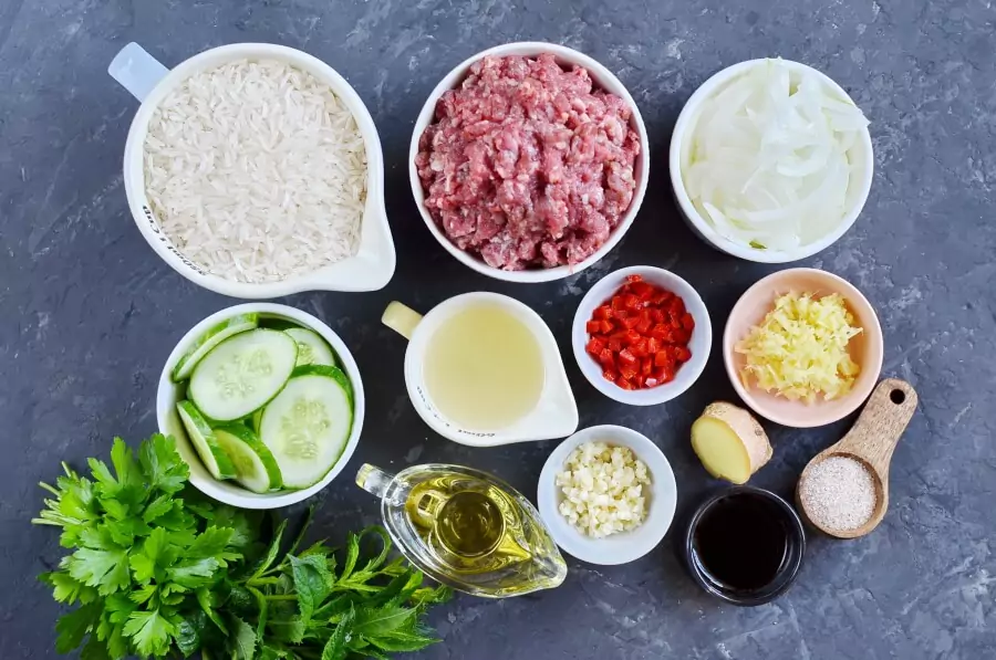 Ingredients for Ginger Pork and Cucumber Salad with Mint