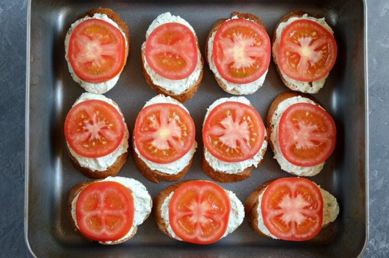 Step 5 - Grilled Crostini with Garlic Scape Cream Cheese and Tomatoes