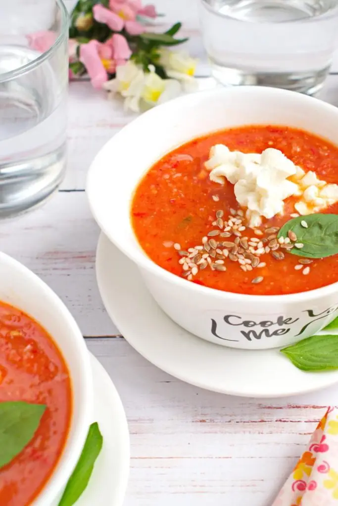 Healthy Roasted Red Pepper & Tomato Soup with Ricotta