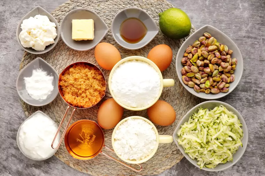 Ingredients for Pistachio, Lime & Zucchini Loaf