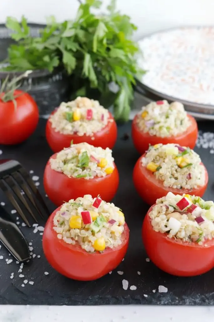 Gluten Free Quinoa and Chickpea Stuffed Tomatoes