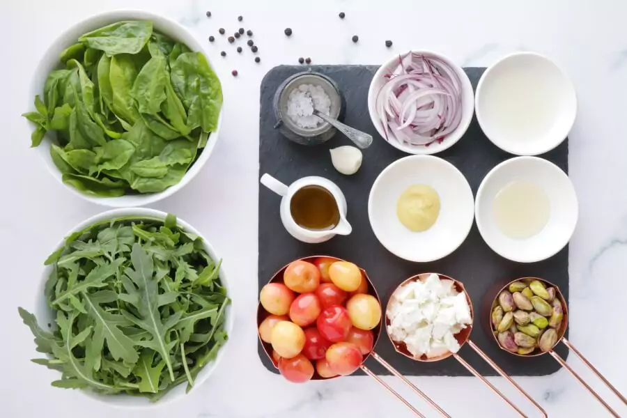Ingredients for Salad with Cherries, Goat Cheese and Pistachios