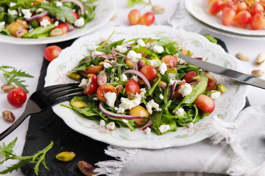 Salad with Cherries, Goat Cheese and Pistachios Recipe-Arugula, Cherry and Goat Cheese Salad-Spinach Salad with Cherries, Goat Cheese and Pistachios