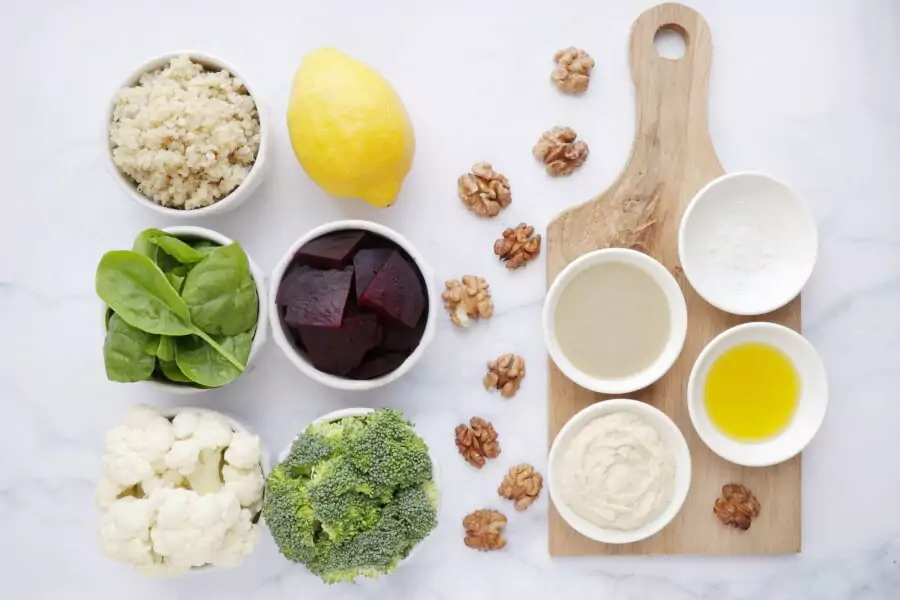 Ingredients for Vegan Roasted Cauli-Broc Bowl with Tahini Hummus