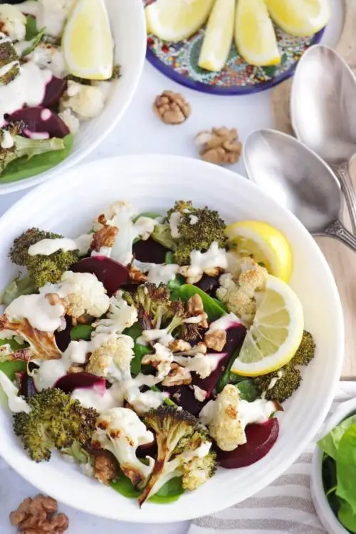 Vegan Roasted Cauli-Broc Bowl with Tahini Hummus