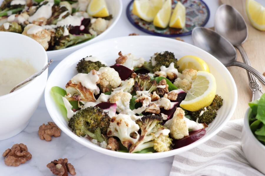 Vegan Roasted Cauli-Broc Bowl with Tahini Hummus
