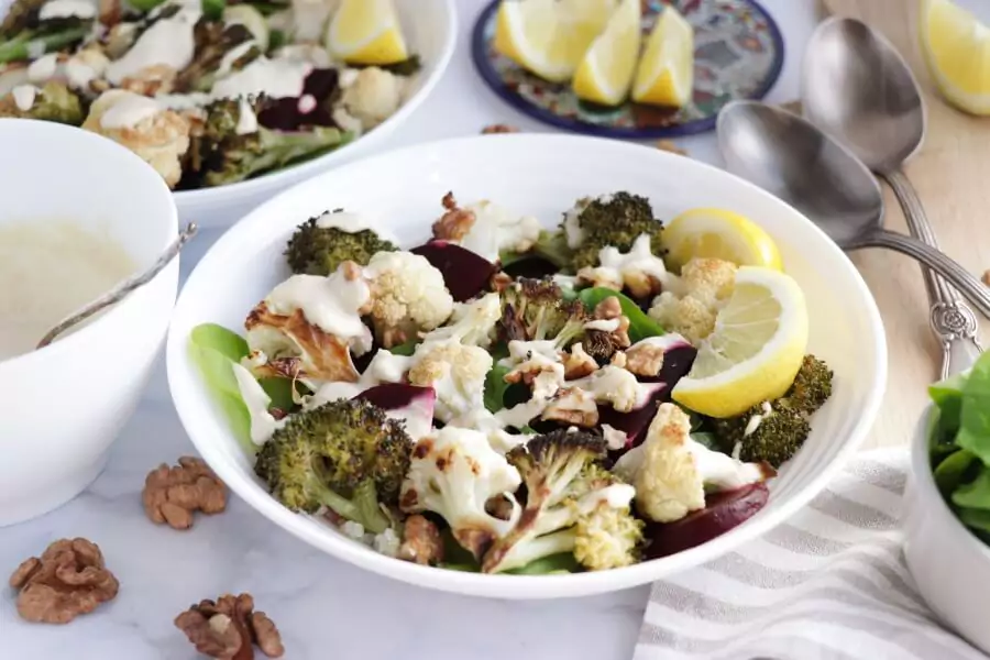 Vegan Roasted Cauli-Broc Bowl with Tahini Hummus