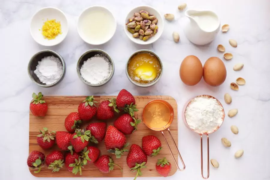 Ingredients for Dutch Baby with Strawberries and Pistachios