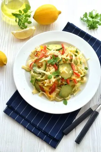 Pasta with Sautéed Peppers Zucchini and Smoked Mozzarella