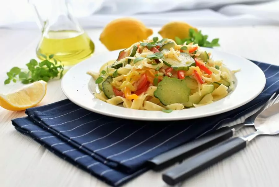 Pasta with Sautéed Peppers Zucchini and Smoked Mozzarella