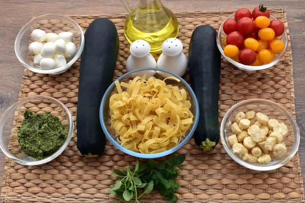 Ingredients for Pasta with Tomatoes Zucchini and Pesto