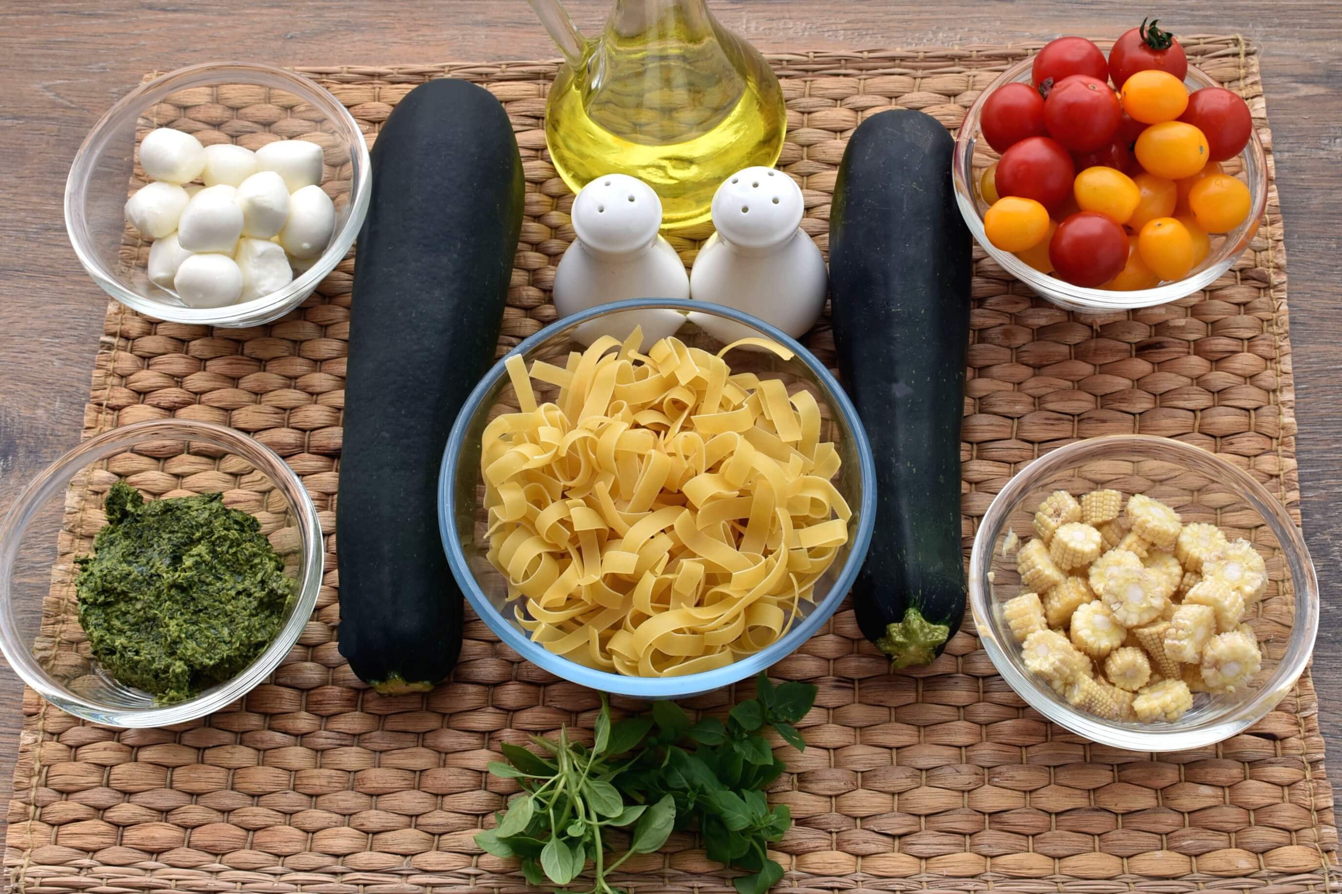 Ingridiens for Pasta with Tomatoes Zucchini and Pesto