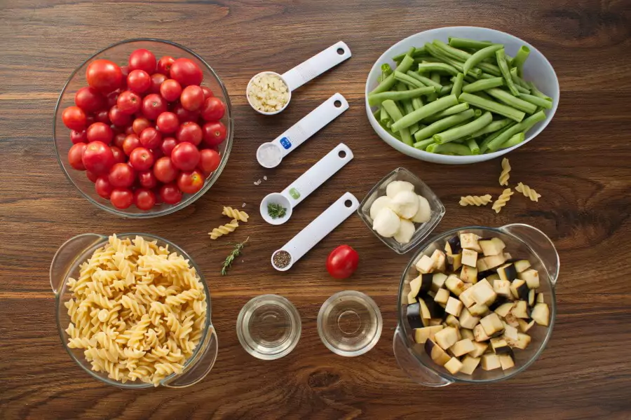 Ingredients for Perfect Pasta Salad with Tomatoes and Eggplant