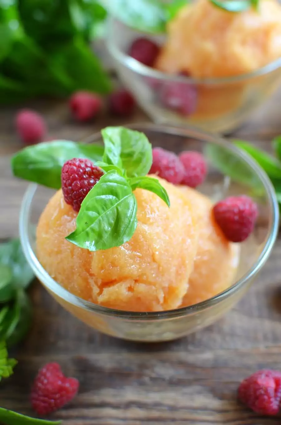 Raspberries with Peach-Basil Sorbet