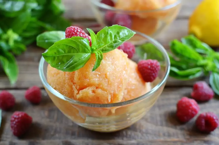 Raspberries with Peach-Basil Sorbet