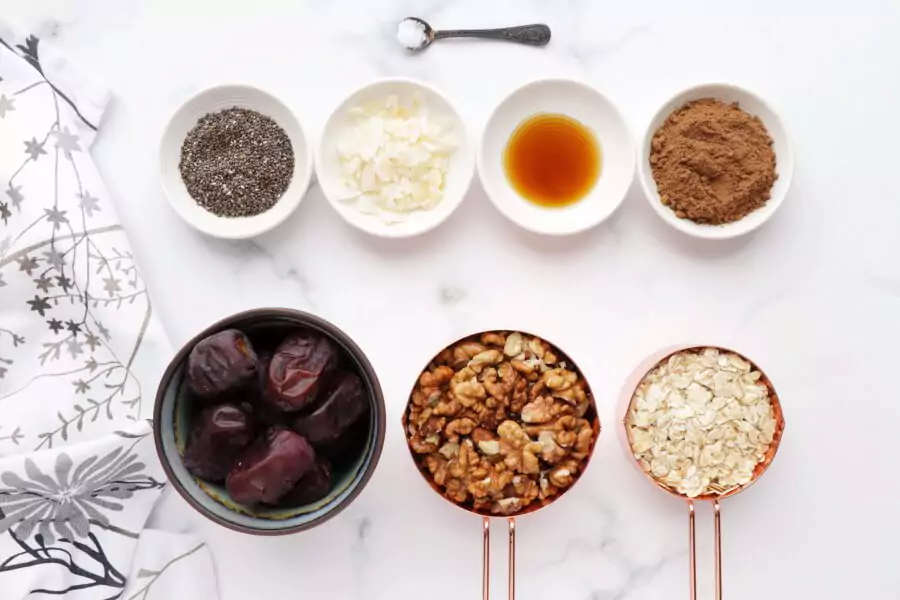 Ingredients for Walnut Bliss Balls with Chia, Coconut and Carob