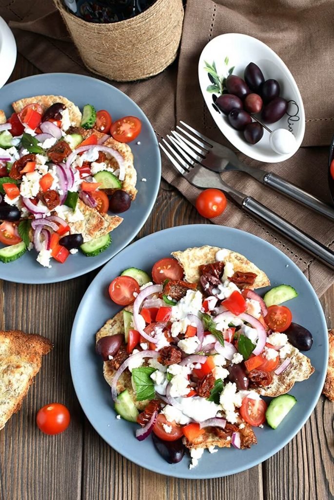 Crispy pitas with Greek inspired toppings