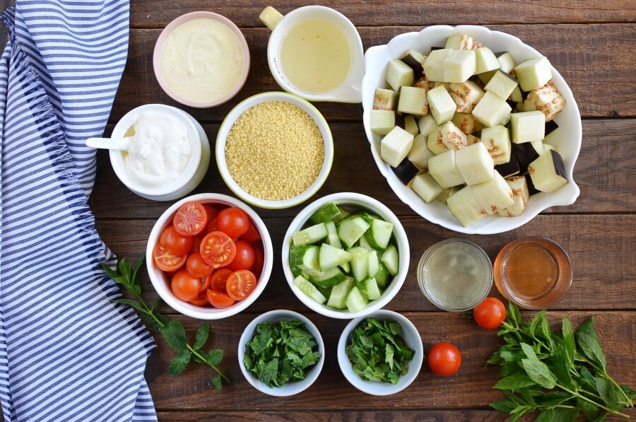 Ingridiens for Grilled Aubergine Tabbouleh