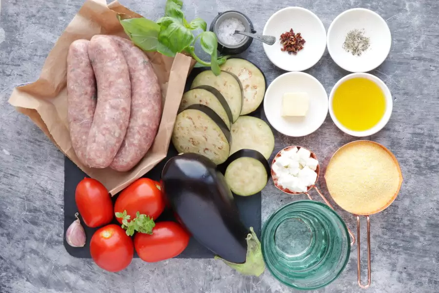 Ingredients for Grilled Sausage, Eggplant & Tomatoes with Polenta