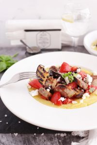 Grilled Sausage, Eggplant & Tomatoes with Polenta