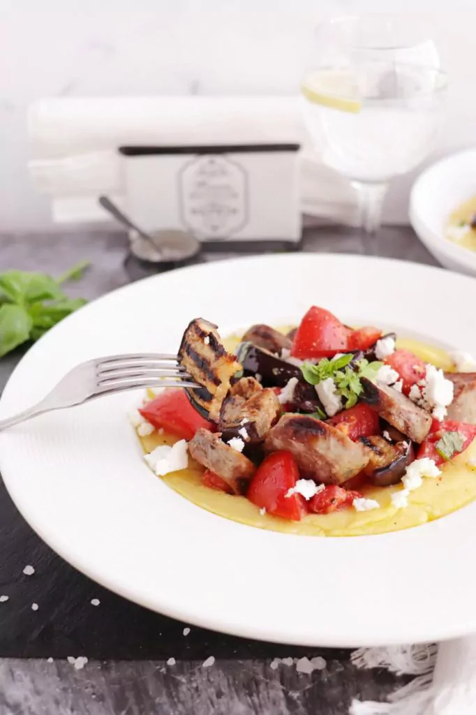 Grilled Sausage, Eggplant & Tomatoes with Polenta