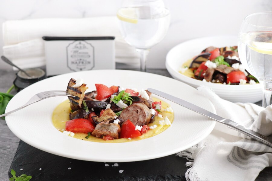 Grilled Sausage, Eggplant and Tomatoes with Polenta Recipe-How to Make Grilled Sausage, Eggplant and Tomatoes with Polenta-Delicious Grilled Sausage, Eggplant and Tomatoes with Polenta
