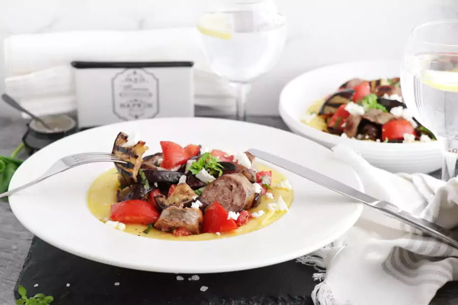 Grilled Sausage, Eggplant & Tomatoes with Polenta
