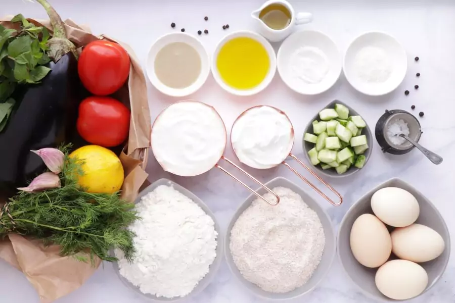 Ingredients for Mediterranean Yogurt Flatbread with Crispy Eggplant