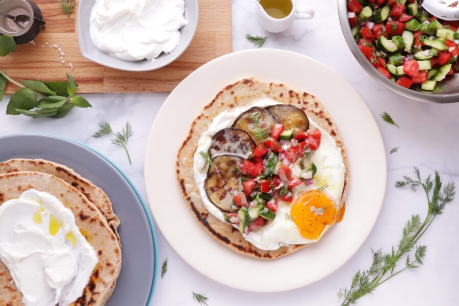 How to Make Mediterranean Yogurt Flatbread Recipe-Mediterranean Yogurt Flatbread with Shirazi Salad, Crispy Eggplant-How to Make Mediterranean Yogurt Flatbread