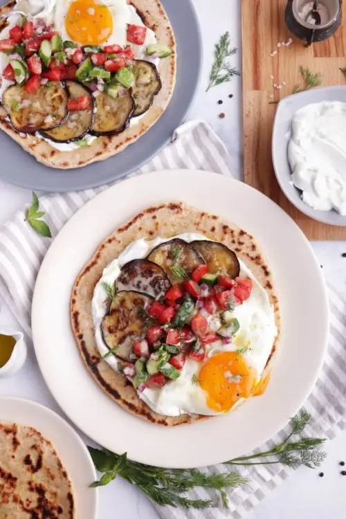 Mediterranean Yogurt Flatbread with Crispy Eggplant