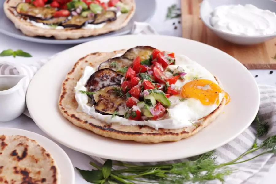 Mediterranean Yogurt Flatbread with Crispy Eggplant