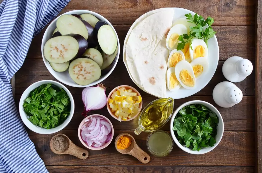 Ingredients for Open-Face Roasted Eggplant & Herb Salad Pita Sandwiches