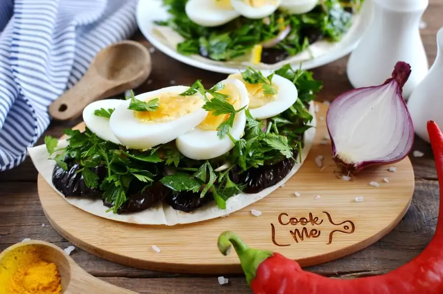 Open-Face Roasted Eggplant & Herb Salad Pita Sandwiches