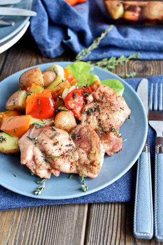 Roasted Chicken Thighs with Peppers and Potatoes