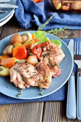 Roasted Chicken Thighs with Peppers and Potatoes