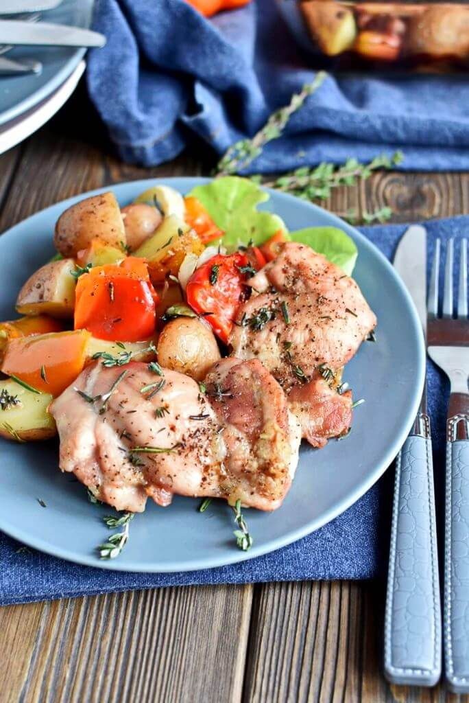 Roasted Chicken Thighs with Peppers and Potatoes