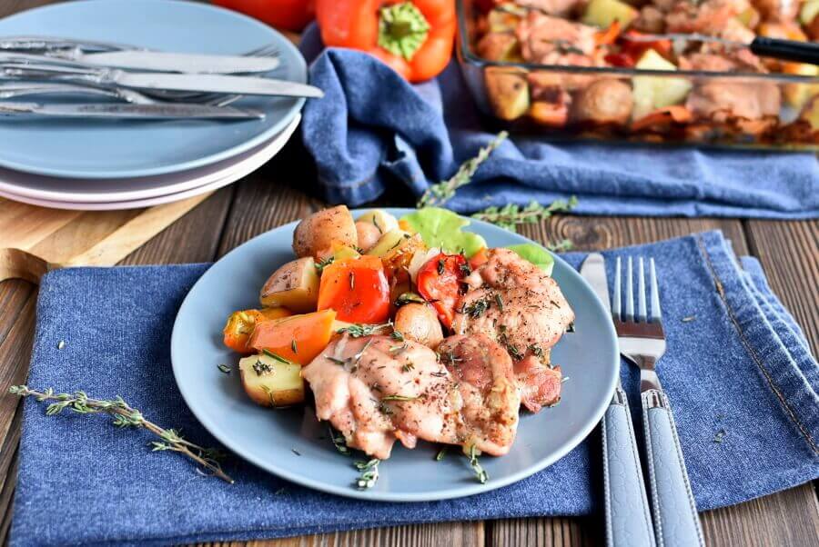 How to serve Roasted Chicken Thighs with Peppers and Potatoes